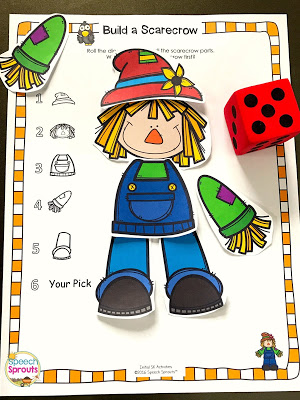 Scarecrow, Scarecrow is just one of the fabulous fall songs and fingerplays for preschool speech therapy in this post. Lisette shares links to the best Youtube videos to teach them, speech and language targets and more autumn speech and language activities like this build a scarecrow game. #speechsprouts #fingerplays #speechandlanguage #preschool #fallpreschoolactivities #spidertheme #scarecrow #nurseryrhymes