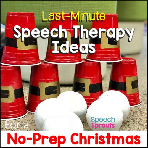 Red plastic cups painted with Santa's belt buckle and stacked make a perfect Christmas speech therapy game for kids. Throw the white styrofoam balls to knock them down!