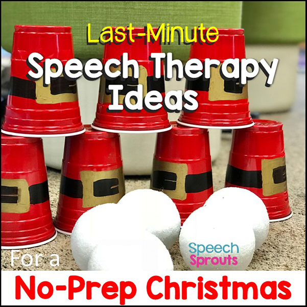 15 last-minute speech therapy games and ideas for Christmas including this knockdown game with red plastic cups and painted-on Santa belt buckles. Stack them up and knock them down with white styrofoam  "snowballs" as you practice speech and language skills.