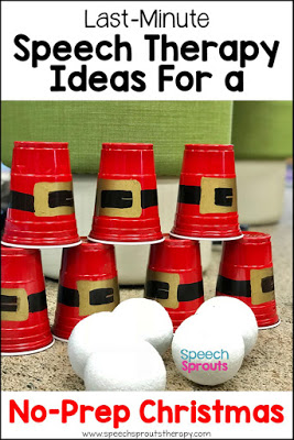 No-prep Christmas speech therapy idea: cup stacking game. Red plastic cups are painted with Santa buckles and stacked in two rows. White styrofoam balls for knocking them down are in front of them.