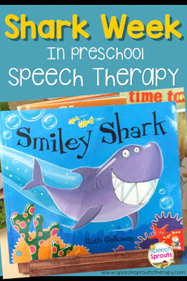 Read Smiley Shark in Speech therapy during your shark week or ocean themes. Plus 13 more great shark activity ideas that go Chomp! www.speechsproutstherapy.com #speechtherapy