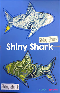 Paint tin foil  to make this shiny shark for your ocean theme! Read this post for 14 terrific speech and language shark week ideas for preschool and kindergarten #speechtherapy #preschool #kindergarten www.speechsproutstherapy.com