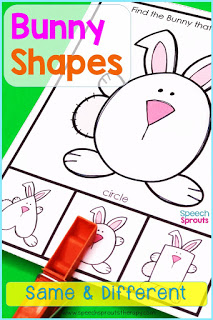 Clothespin task cards bunny shapes  to teach same and different in spring speech therapy