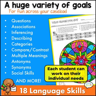 18 language skills are included in this Thanksgiving speech therapy. including questions, inferencing, describing, categories, multiple meanings, social skills and more. A feather and wishbone kaleidoscope circular pattern is shown on one of the color by number pages.