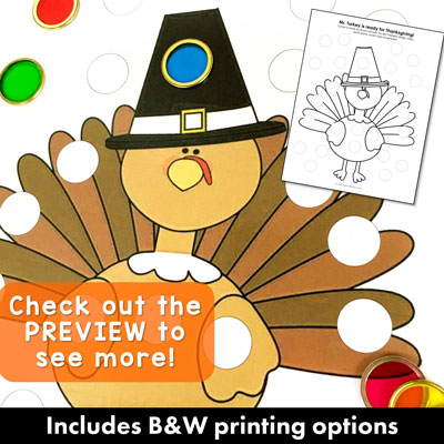 Five Little Turkeys poem printable bingo chip or dot marker mat with a cute turkey wearing a pilgrim hat. This Five Little Turkeys pack includes black and white printing options.