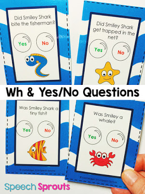 Yes-No and WH question comprehension cards. Read about this Smiley Shark Book Companion plus 14 terrific ideas for shark week in preschool speech therapy www.speechsproutstherapy.com