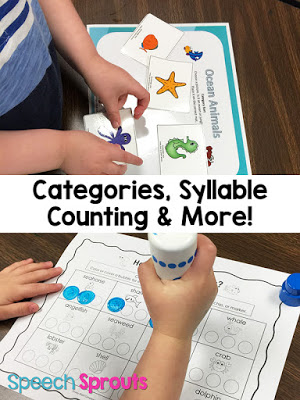 Category sorting and syllable counting under the sea! Read about this Smiley Shark Book Companion plus 14 terrific ideas for shark week in preschool speech therapy www.speechsproutstherapy.com