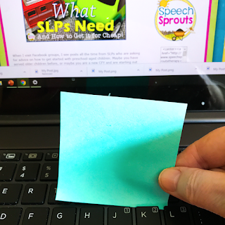 Do you know this sticky note hack?  Read more speech room organization tips at www.speechsproutstherapy.com #speechsprouts #speechtherapy #organization #speechroom