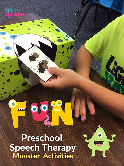 This green tissue box monster with jagged white construction paper teeth is a fun monster activity for preschool speech therapy. The child "feeds" the hungry monster a card after practicing the targeted skill.