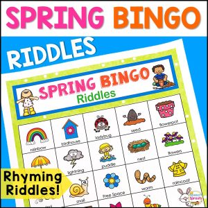 Spring Bingo Riddles- Rhyming Riddles! A colorful bingo board with spring-themed pictures that kids will love for speech therapy or classroom parties.