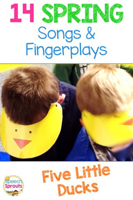 14 Songs and fingerplays for preschool including the Five little ducks! These preschoolers are wearing yellow duck visors as they act out the five little ducks story www.speechsproutstherapy.com