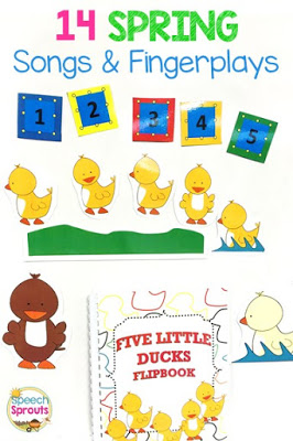 14 Spring songs and fingerplays for preschool speech therapy including the five little ducks. These mama and baby duck magnet board story pieces are great for using as you sing the story and for story re-telling too. speechsprouts.com