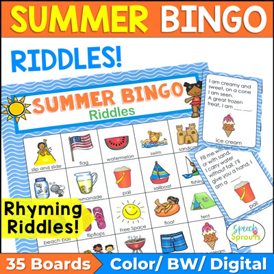 Summer Bingo Riddles is a fun end of the school year activity with rhyming riddles about summer. Includes 35 bingo boards. Print in color, B&W or play digitally.