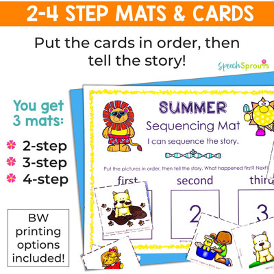 Summer sequencing cards and mats for 2-4 step sequencing activities to help you teach sequencing with pictures step by step with leveled activities. speechsprouts.com