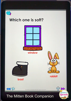 Learn how to use No-Print Activities in speech therapy on your I-Pad or computer like this The Mitten Book Companion for winter. Portable and no-prep materials that make organization easy. Terrific with toddlers, preschool and autism students. #speechsprouts #speechtherapy #noprint #winter www.speechsproutstherapy.com