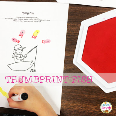 Make thumbprint fish in speech therapy. Read this post for 14 terrific shark week ideas www.speechsproutstherapy.com #speechtherapy #preschool #kindergarten