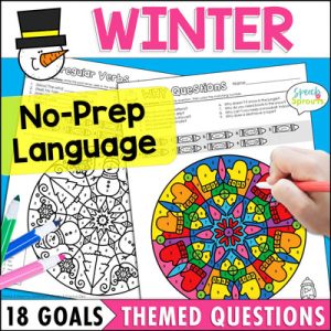 Winter color by number printable language activities with themed questions for 18 language goals. Two of the round kaleidoscope patterns are shown with snowman and mitten themes.
