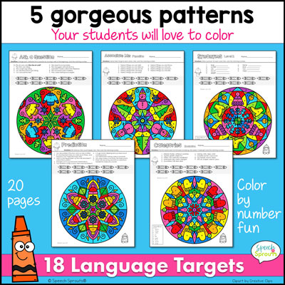 Winter color by number printable language activities with themed questions for 18 language goals. Five different kaleidoscope pattern pages shown. with snowman, sweater, skates, winter hats and mitten designs.