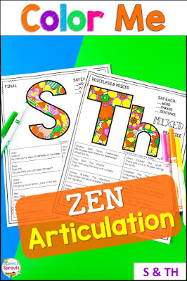 Zen coloring articulation activities for s and th sounds in mixed group speech therapy sessions that are calm and engaged. Elementary and middle school kids love coloring the beautiful patterns on these printables, and they are no-prep for you! #speechsprouts #speechtherapy #articulation #noprep