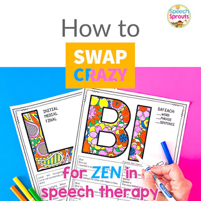 Zen coloring articulation activities for r, l, s and th sounds in mixed group speech therapy sessions that are calm and engaged. Elementary and middle school kids love coloring the beautiful patterns on these printables, and they are no-prep for you! #speechsprouts #speechtherapy #articulation #noprep