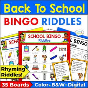 Three back to school bingo riddle games to play with school-themed pictures and labels that are printed with red, blue and yellow borders. Two of the calling cards are shown that have rhyming riddles with answers and pictures. These printable making inferences games come with color printing, black and white and digital options. There are 35 bingo boards making them great group riddle games for kids.