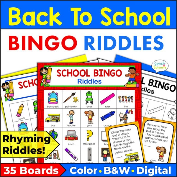 Three back to school bingo riddle games to play with school-themed pictures and labels that are printed with red, blue and yellow borders. Two of the calling cards are shown that have rhyming riddles with answers and pictures. These printable making inferences games come with color printing, black and white and digital options. There are 35 bingo boards making them great group riddle games for kids.