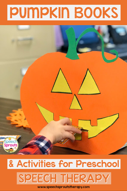 Make this easy feed the pumpkin activity and your preschoolers will be delighted to practice and feed him their cards this fall. #speechsprouts #speechtherapy #speechandlanguage #fall #pumpkins #preschool
