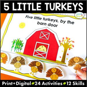 Five Little Turkeys poem printable and digital speech therapy activities including this interactive flipbook. speechsprouts.com