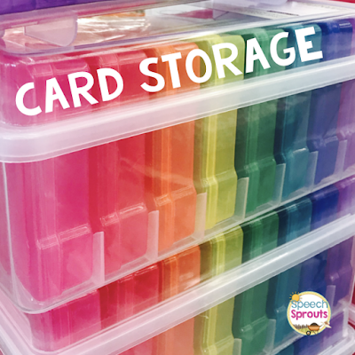 Store your speech therapy articulation and language card sets in labeled photo storage boxes. Read more speech room organization tips at www.speechsproutstherapy.com #speechsprouts #speechtherapy #organization #speechroom