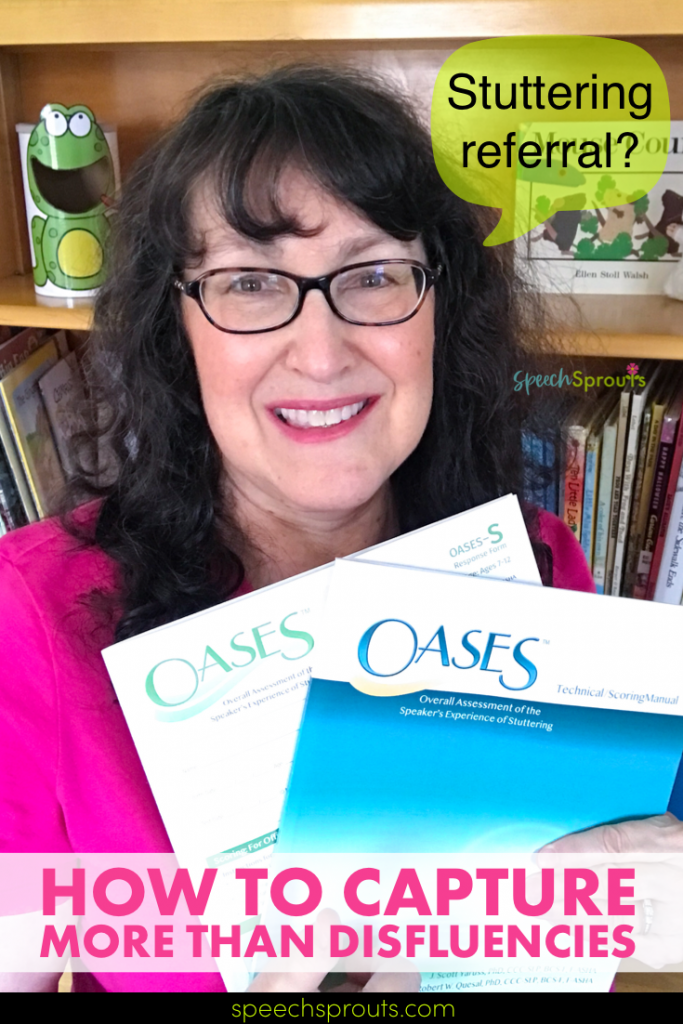 The Oases stuttering test manual and a response form held by Lisette from Speech Sprouts