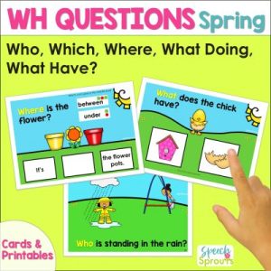 Wh questions speech therapy cards for spring showing flowerpots, a chick and a girl standing in the rain. Who, which, where, what doing and what have questions.