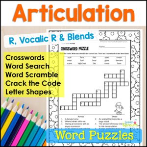R Articulation and Vocalic R crosswords, word search, word scramble, Crack the Code and Letter Shapes printable word puzzles for speech therapy