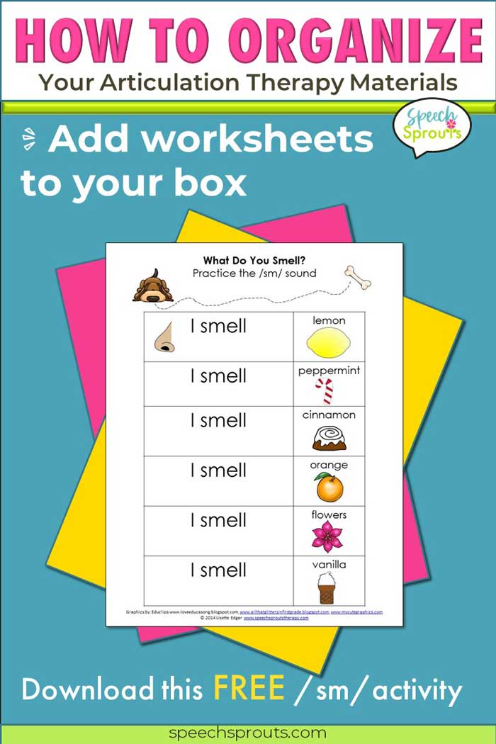 What do you smell? Lemon? Peppermint? A free printable worksheet to use with a "smelly bottles" activity when practicing s-blends in articulation therapy. speechsprouts.com