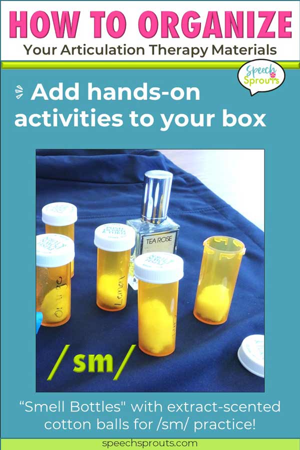 Make these "smell bottles" from pill bottles filled with extract-scented cotton for a fun articulation therapy activity for s-blends