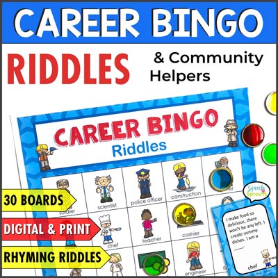 A winning community helpers or career day idea for school, Career Bingo Riddles has rhyming riddles., 30 boards and both print and digital options!
