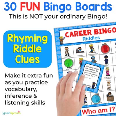 A Career Day bingo game with 30 boards and rhyming riddles clues that targets vocabulary, inference and listening skills- A great idea for career day at school