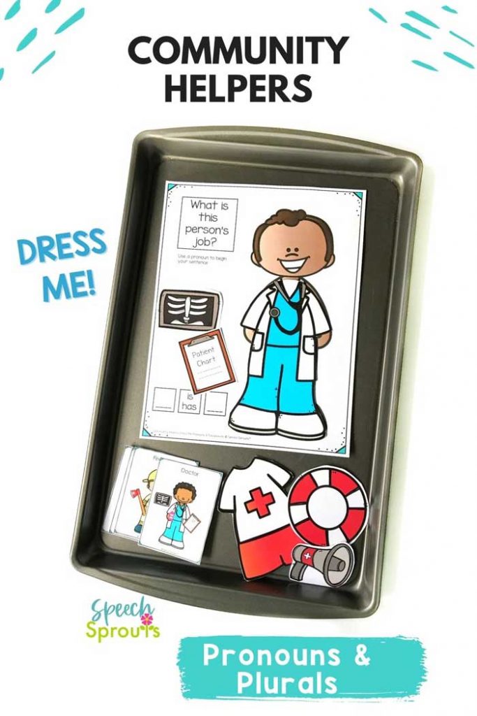 Dress the community helpers! Fun preschool cookie sheet activity with cards for a community helpers matching game. Wh questions, pronouns, and plurals worksheets too. See more community helpers and career day ideas at speechsprouts.com