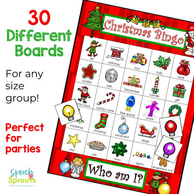A fun Christmas Bingo Riddles speech therapy game has 30 different bingo cards and colorful pictures of Christmas vocabulary words. The variety of cards make it perfect for parties or any size group! It includes the Christmas lights cover cards shown.