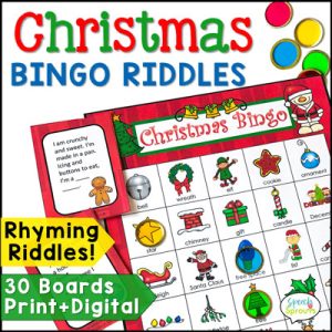 A Christmas Bingo game with printable cards, colorful pictures of Christmas vocabulary and calling cards and rhyming riddles for Christmas with answers. This fun speech therapy bingo game has 30 bingo cards. Both printable and digital versions are included.