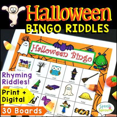Rhyming riddles for kids Halloween Bingo! Halloween Bingo Riddles has 30 Halloween bingo cards with colorful pictures of Halloween vocabulary. This Halloween game is perfect for parties and speech therapy. Each vocabulary word is labeled. Includes both a printable pdf and digital version. speechsprouts.com