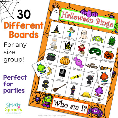 Halloween bingo for kids with rhyming riddles! 30 different boards with fun colorful pictures of Halloween vocabulary. This Halloween Bingo Riddles game is perfect for parties and speech therapy. speechsprouts.com