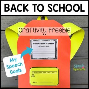 Welcome students with this back to school speech therapy craft! bright orange and yellow paper backpack craft from Speech Sprouts. Kids can write their speech goals or what their favorite thing is about school on the white tag. From Speech Sprouts speechsprouts.com