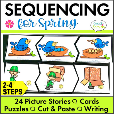 2, 3 and 4-step sequencing activities for spring! Includes errorless puzzles, sequencing cards and sequencing worksheets for writing too. There are 24 sets of sequencing pictures for spring like the two sets of puzzles shown here: a bird hatching her eggs and a leprechaun getting trapped! Find out more at speechsprouts.com