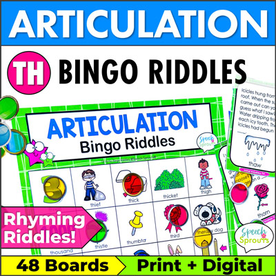 TH sound Bingo Riddles articulation games with rhyming riddles. Includes 48 boards and 4 games with both print and digital options