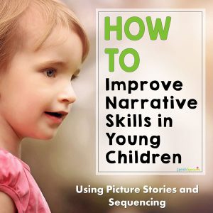 How to Improve narrative skills in Young children with picture stories and sequencing. Image of a preschool girl in a pink dress.