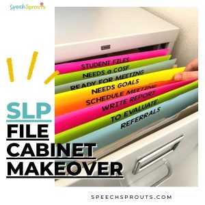 Speech therapy room ideas- an organized file cabinet makeover. An open file cabinet with bright rainbow-colored tabs stapled to the top of each folder with printed labels to organize the SLP's workflow from referrals to meetings and more.