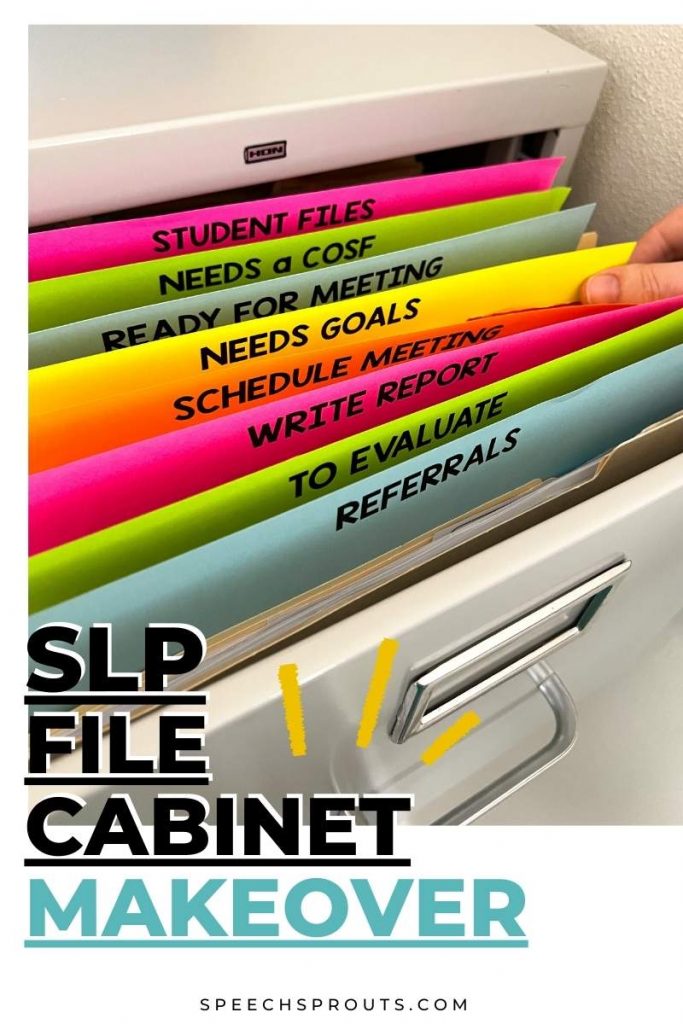 Speech therapy room organization ideas - file cabinet makeover! Colorful labeled pages in a file cabinet are stapled to folders to create dividers that make it easy to see what needs to be done, from referrals, to evaluations to meetings and student files. 