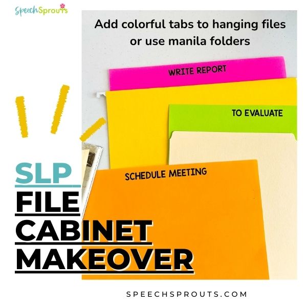 Brightly colored printed pages to staple to manila or hanging folders and create colorful tabs for an organized file cabinet. Reads SLP File cabinet makeover.