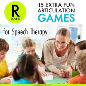 15 Extra fun R Sound Articulation Games for speech therapy. Five children and their therapist sitting at a table and smiling.