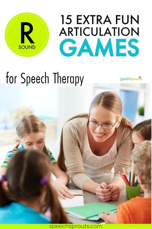 15 Extra fun R Sound Articulation Games for speech therapy. Five children and their therapist sitting at a table and smiling.